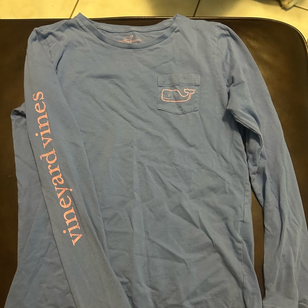 Vineyard Vines Light Blue Long Sleeve Tee with Pink Accents